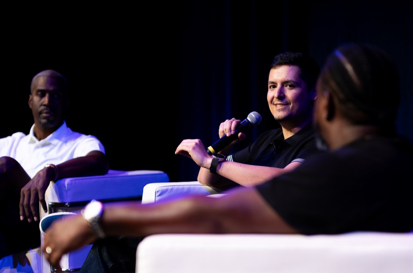 Adam speaking at crypto event